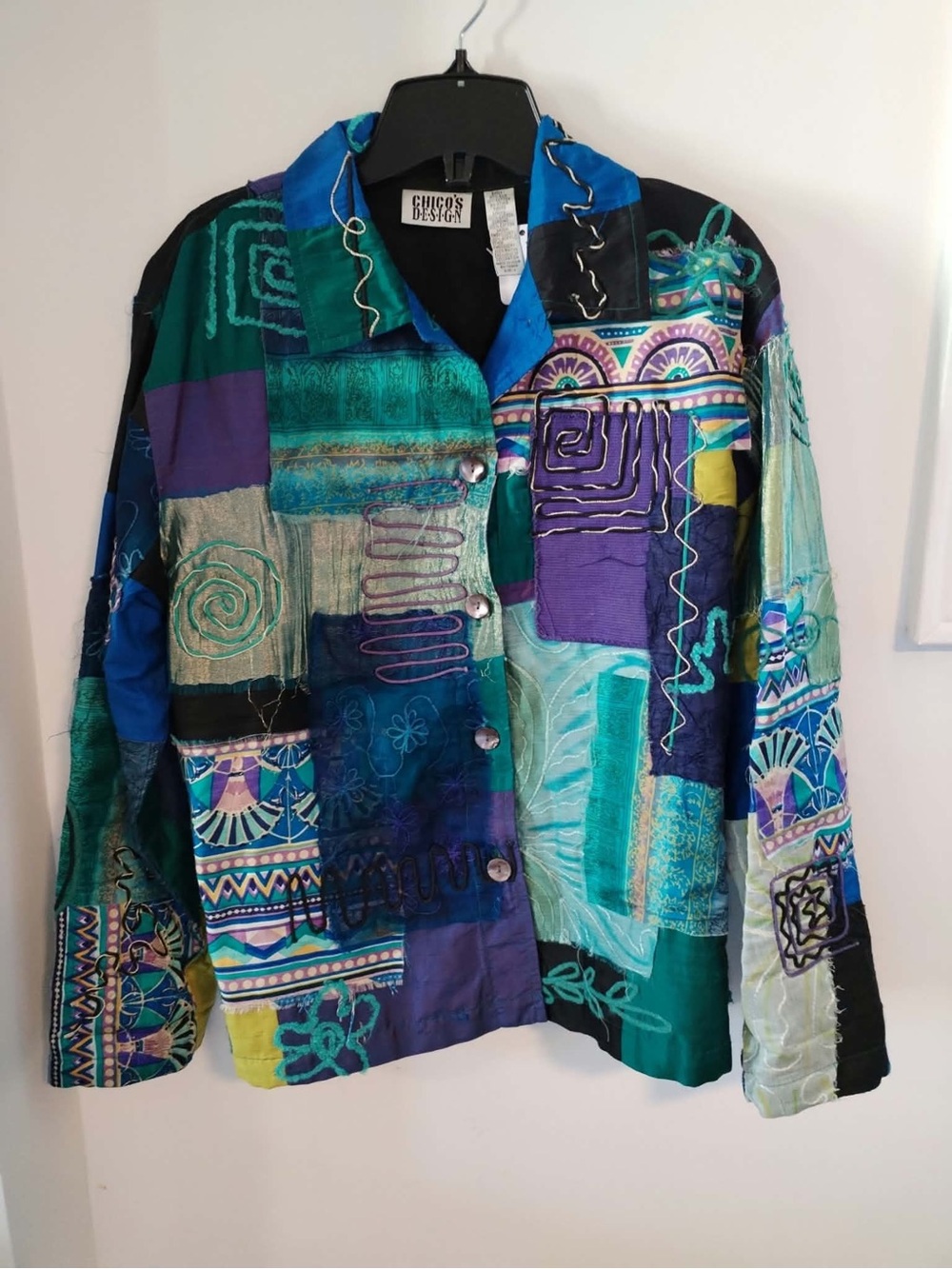 Vintage Chico's Multicolor Patchwork Jacket in Teal, Purple & Blue - Size L